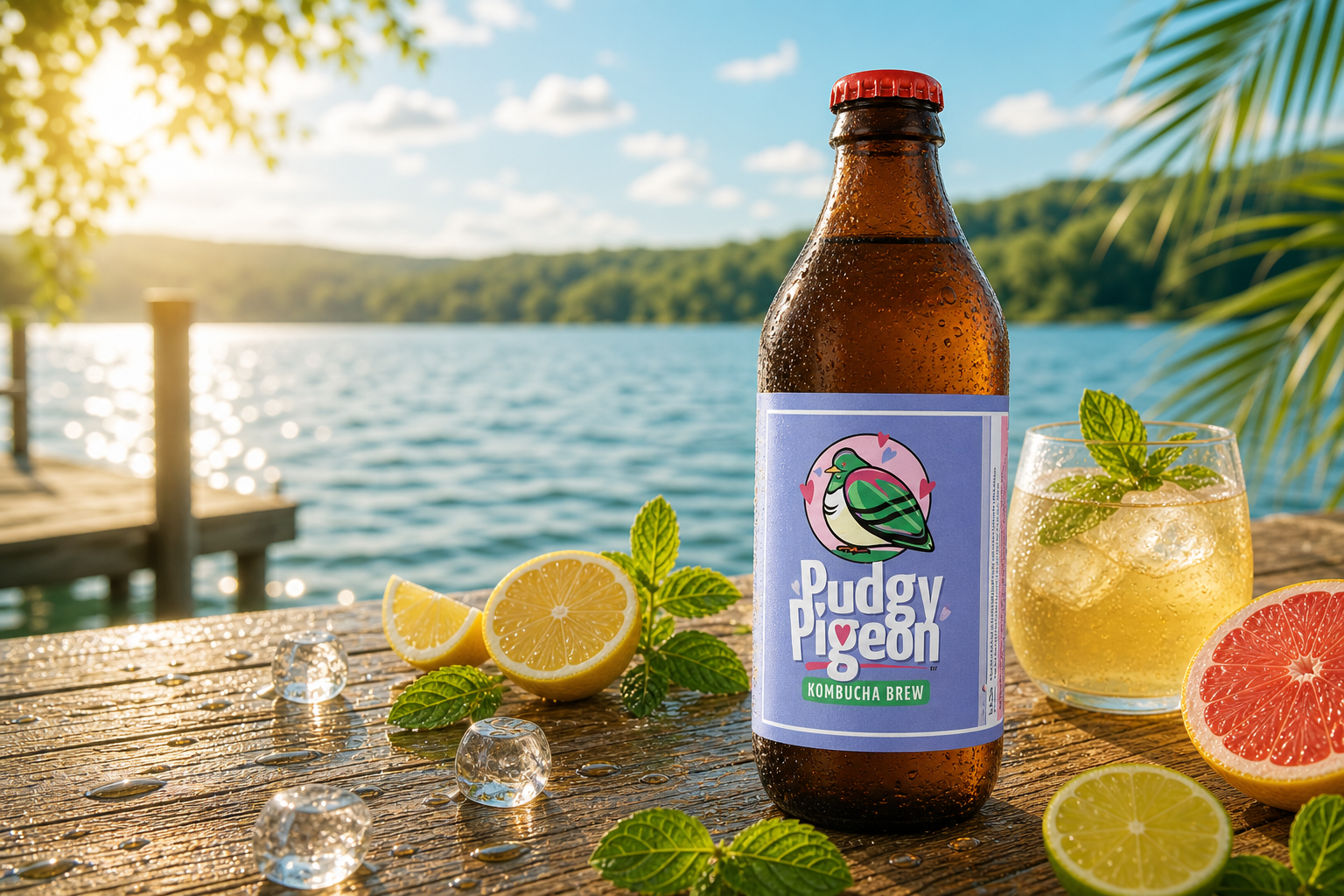 A Pudgy Pigeon kombucha bottle by the water on a bright dock.