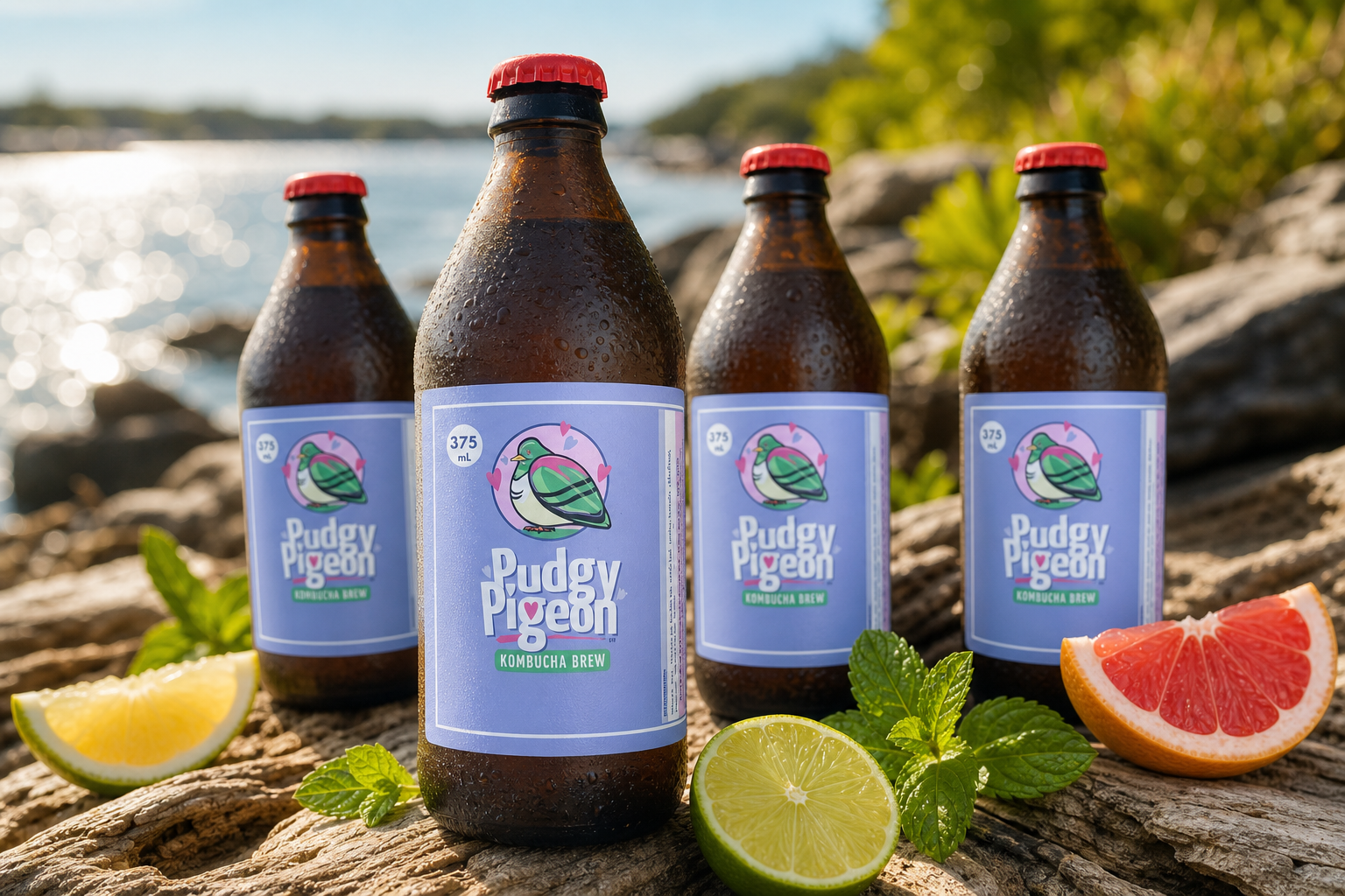 Pudgy Pigeon kombucha bottles lined up against a Vancouver Island shoreline.