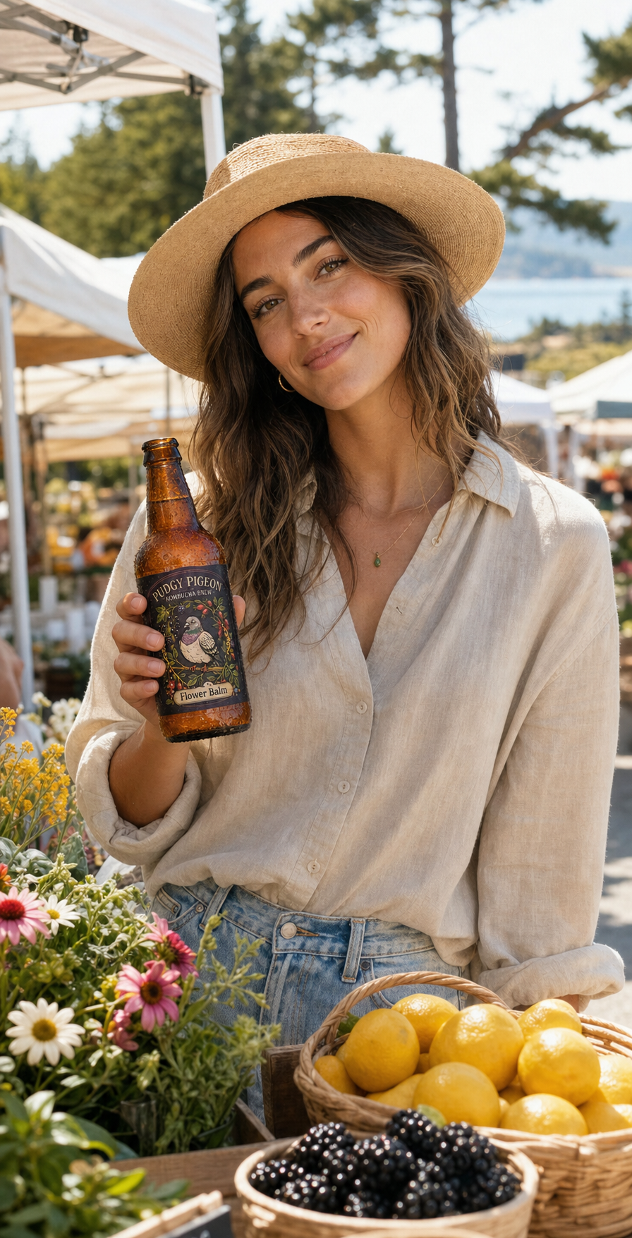 Pudgy Pigeon kombucha in a tropical market-style setting.